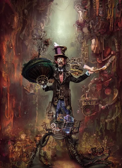 Image similar to mad hatter, steampunk style, highly detailed, cinematic, 8 k, by megan duncanson, benjamin lacombe, adrian borda, stanley artgermm, tom bagshaw, craig mullins, carne griffiths, ayami kojima, beksinski, giger, trending on deviantart, hyper detailed, horror, full of colour