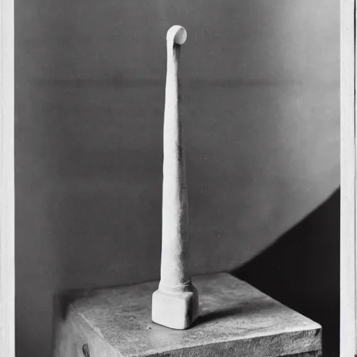 Prompt: a single readymade named Bottle Rack by Marcel Duchamp, banal object on a pedestal, historical archive, wide angle studio shoot, 1919