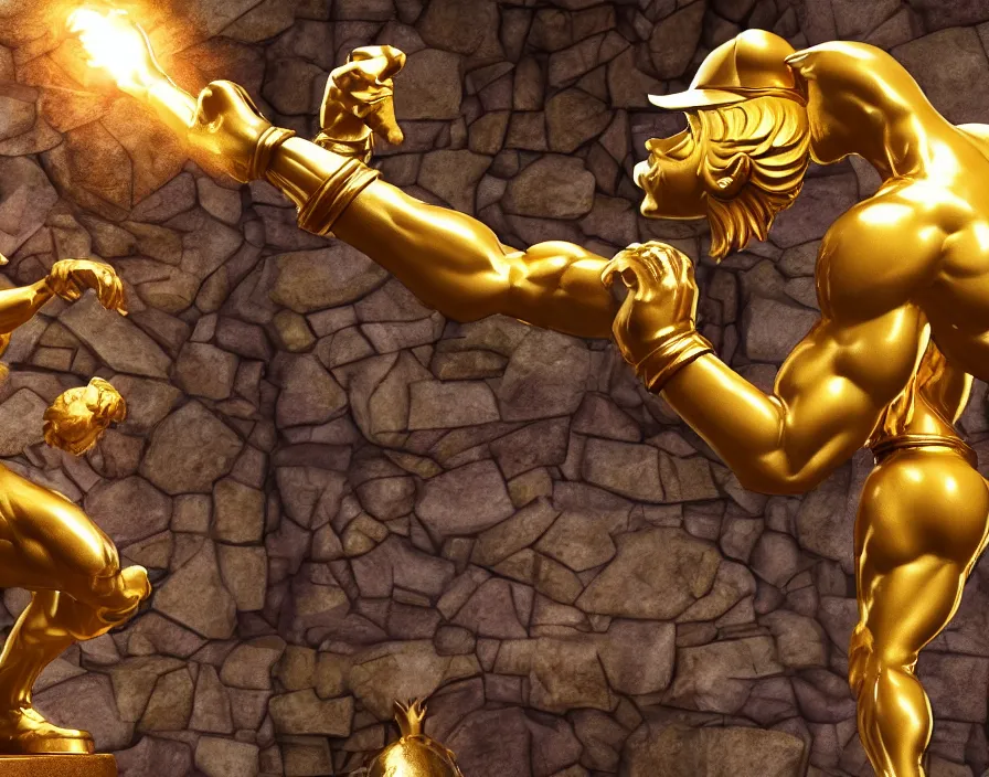 Image similar to golden statue of mario with muscle body like a giga chad, beautiful texture, beautiful graphics, fantasy artwork, very beautiful scenery, hd, hdr, ue 5, ue 6, unreal engine 5, cinematic 4 k wallpaper, 8 k, ultra detailed