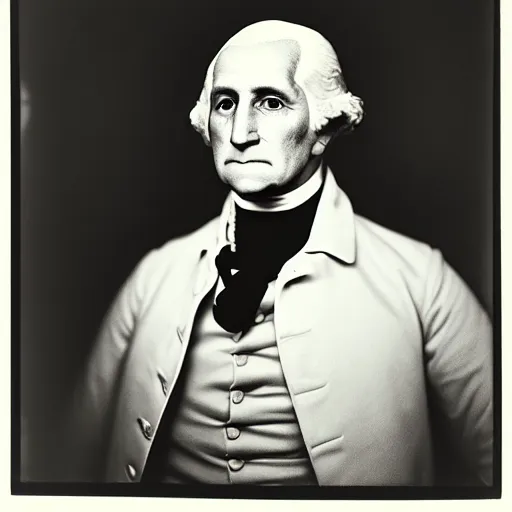 Prompt: photo of bald George Washington by Diane Arbus, 2022, black and white, high contrast, Rolleiflex, 55mm f/4 lens