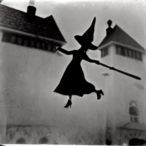 Image similar to pinhole camera photo of a witch flying on a broomstick