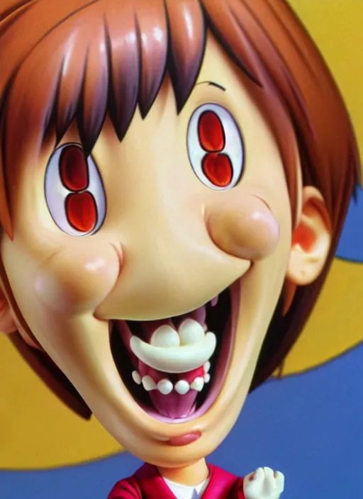 Image similar to a lifelike oil painting of an anime girl figurine caricature with a big dumb grin featured on wallace and gromit by arthur szyk made of madballs