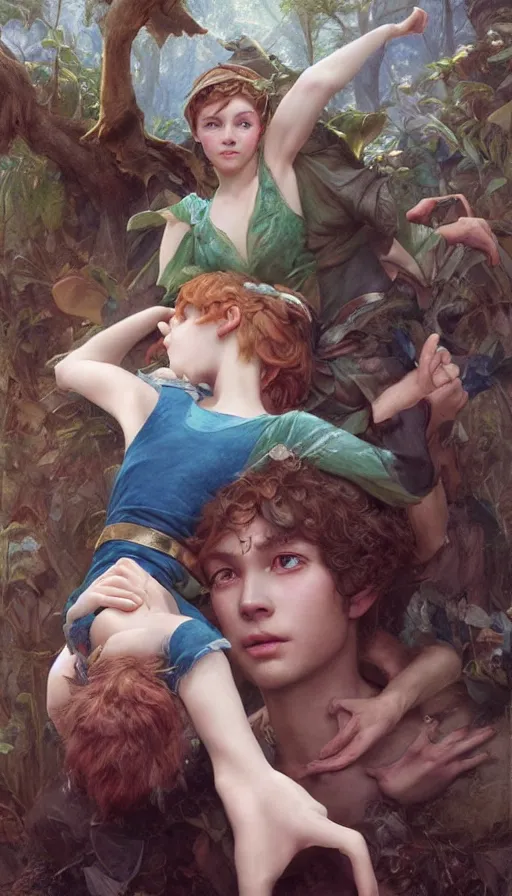 Image similar to epic masterpiece portrait peter pan and wendy, sweaty skin, hyperrealistic, octane render, cinematic, beautiful face and flawless skin, perfect hands, 5 fingers, by Edgar Maxence and Ross Tran and Michael Whelan, Legends of Runeterra