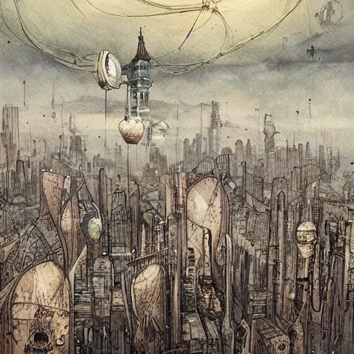 Prompt: A city in the clouds, floating islands, cyberpunk, noir, film noir, detectives, suspense, steam punk, anachronism, art nouveau, neo-noir, by Juan Morey and Santiago Caruso