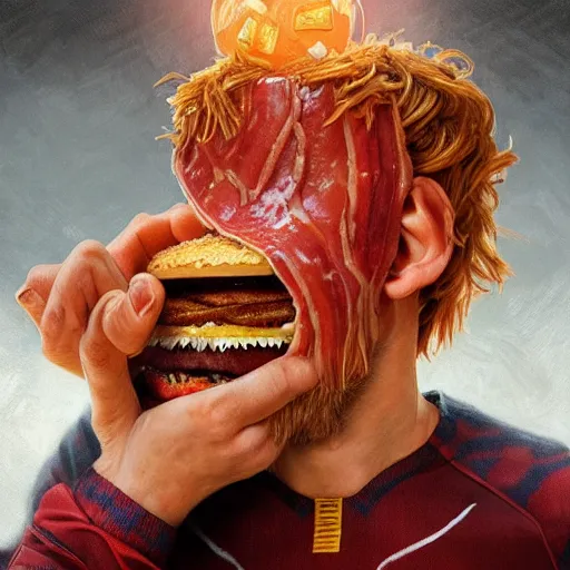Image similar to Lionel Messi eating a mammoth Wendy's baconator, closeup, giant baconator, D&D, fantasy, intricate, elegant, highly detailed, digital painting, artstation, concept art, matte, sharp focus, illustration, art by Artgerm and Greg Rutkowski and Alphonse Mucha