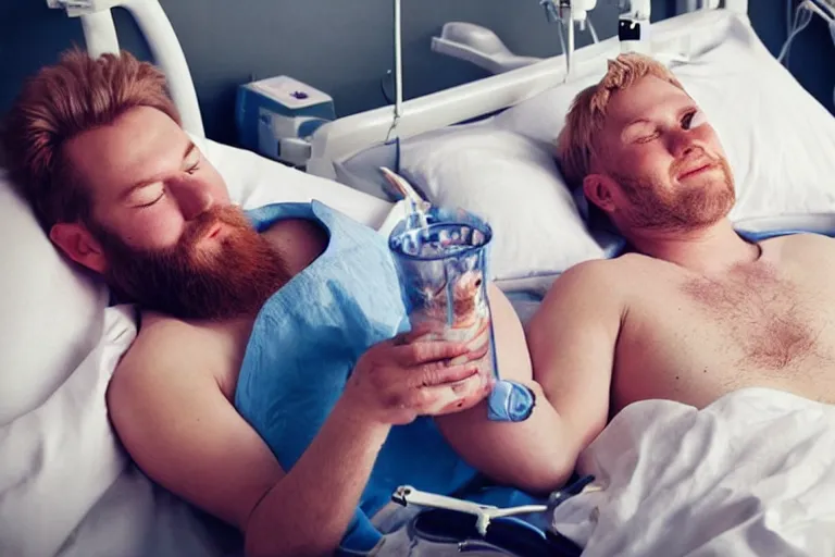 Prompt: “Blond man with big beard having happy summer vacation in Hospital bed with IV therapy stand. Drink in hand. Beautiful women around him. In the style of retro advertising. Colofur. Detailed.”