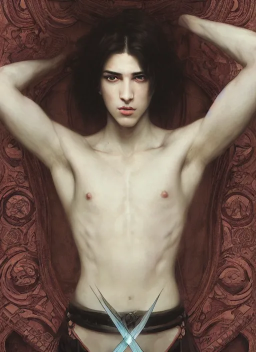 Prompt: character concept portrait of an attractive young seductive Spanish wizard with pale grey skin enchanting a seduction spell, a floating iridescent spell book in the center, intricate, elegant, digital painting, concept art, smooth, sharp focus, illustration, from Metal Gear, by Ruan Jia and Mandy Jurgens and William-Adolphe Bouguereau, Artgerm