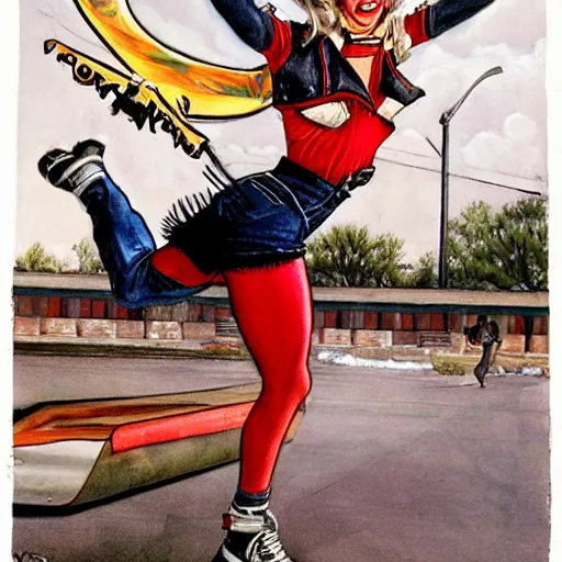 Image similar to Harley Queen as a skater, artwork by Earl Norem,