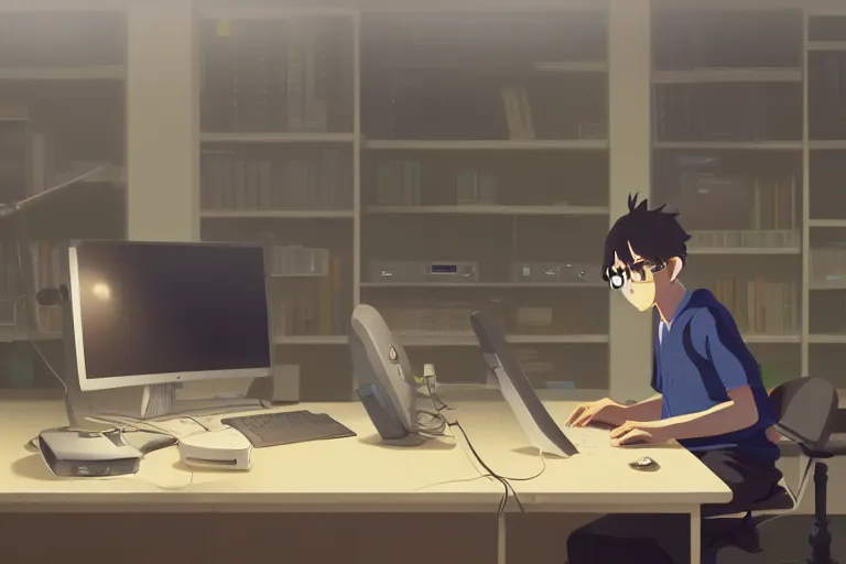 Image similar to a nerdy boy is programming at a computer in a room full of gadgets, by makoto shinkai and ghibli studio, dramatic lighting, highly detailed, incredible quality, trending on artstation