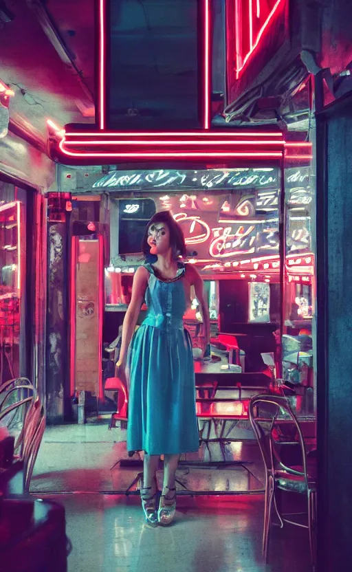 Prompt: vertical movie frame portrait of girl in 5 0's retro restaurant interior, neon - decorated urban on night in the city seen through the window, modern interior design, architectural design, vintage, night blade runner, dark, postapocalyptic, clean lines, 4 k, octane, asian futuristic city at distance, big windows, octane, wide angle