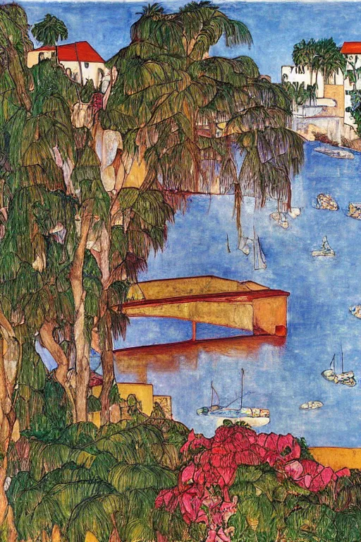 Image similar to a long river, tied bridge on local river, a lot of boat in river, 2 number house near a lot of palm trees and bougainvillea, summer, painting by egon schiele