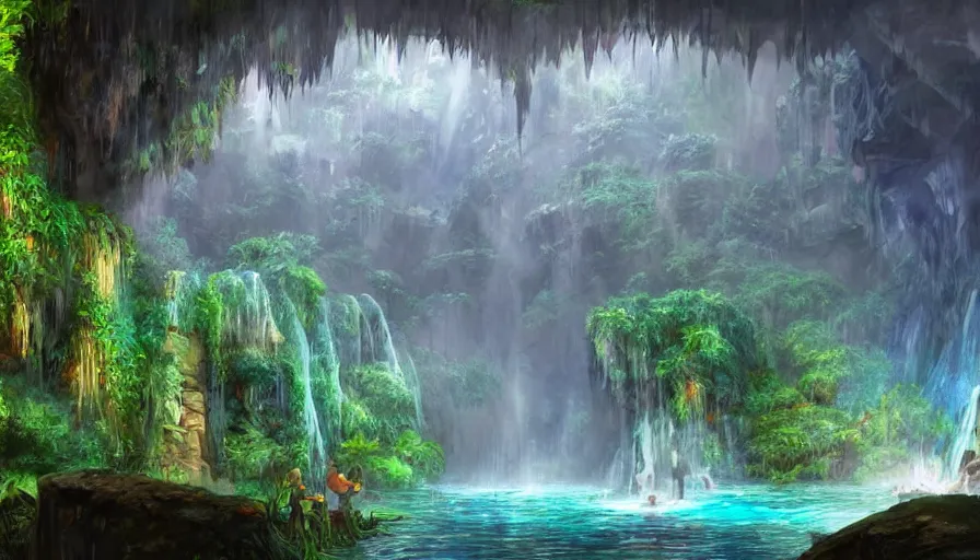 Image similar to concept art of a huge underground jungle cave with waterfalls, lakes, luminescent plants, colorful, high detailed, ultra realistic