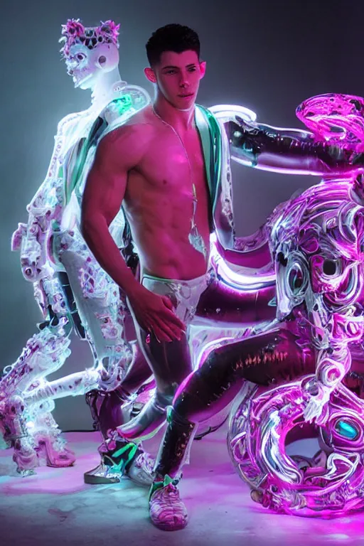 Image similar to full-body rococo and cyberpunk style neon statue of a muscular attractive Nick Jonas macho dotado e rico android sim roupa reclining con las piernas abertas e la piroca dura, glowing white laser eyes, prince crown of pink gears, diamonds, swirling silver-colored silk fabric. futuristic elements. full-length view. space robots. human skulls. intricate artwork by caravaggio. Trending on artstation, octane render, cinematic lighting from the right, hyper realism, octane render, 8k, depth of field, 3D