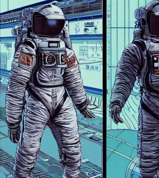 Image similar to cyberpunk japanese man with long limbs and a black spacesuit on a spacewalk, techwear, Industrial Scifi, detailed illustration, character portrait, by Martin Grip and Moebius