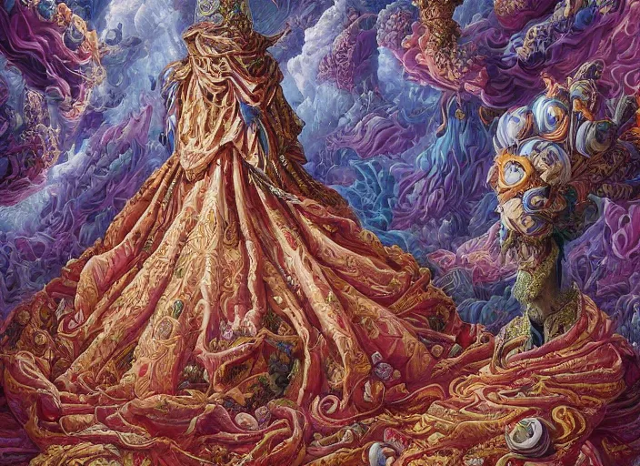 Image similar to beautiful oil painting, full length portrait of dauphinois in baroque coronation robes 1701, Dan Mumford, Dan Mumford, Alex grey, highly detailed , lsd visuals, dmt fractal patterns, hallucinogen, visionary art, psychedelic art, ornate, vaporwave, baroque, Greg rutkowski