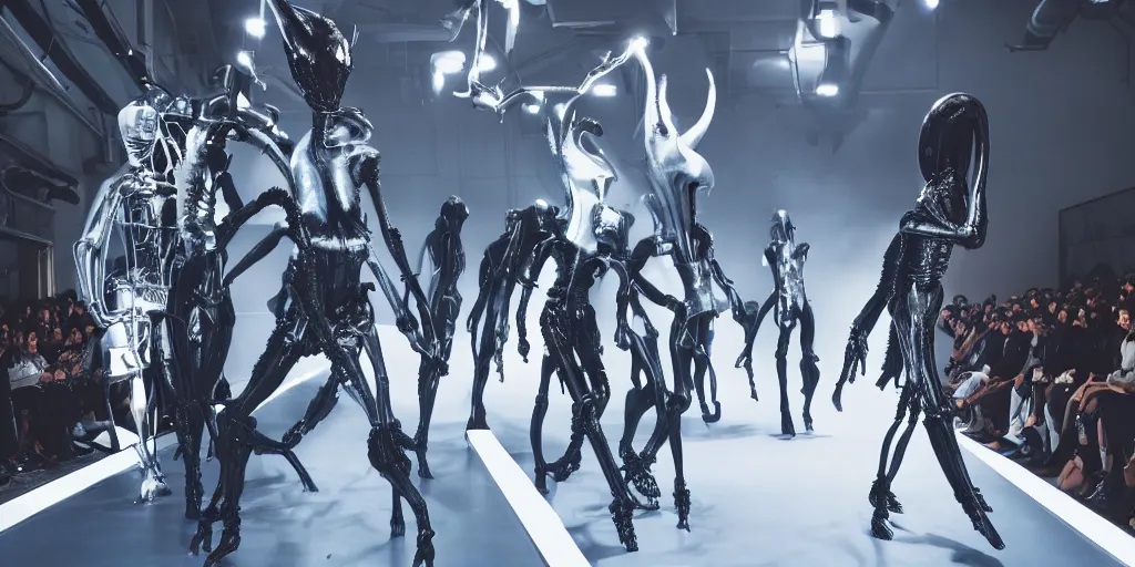 Image similar to blue human with rick owens iron spikes xenomorph figure with an emoji head in 3d is jumping in a runway fashion show, realistic photography paparazzi by Nick Knight and Luis Royo