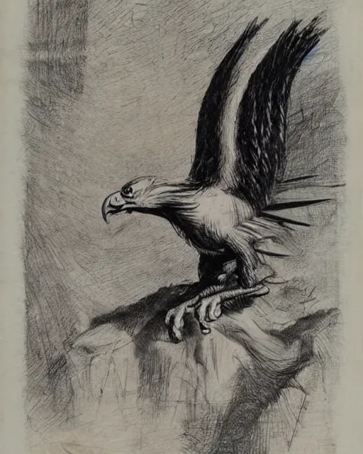 Image similar to a creature with the body and eyes of a man, with the beak of an eagle and the horns of an ox. drawn by francis bacon