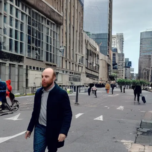 Image similar to A giant balding, white, ginger man walking through the city