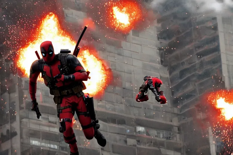 Image similar to militarily helicopter firing missiles and Deadpool leaps off smashes through high rise window, explosions, by Michael Bay