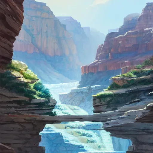 Image similar to concept art painting of a grand canyon filled with water, giant river, with stone bridge under construction realistic, detailed, cel shaded, in the style of makoto shinkai and greg rutkowski and james gurney