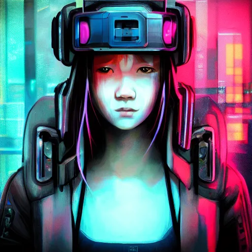 Image similar to “high detail picture of a Cyberpunk girl, in the style of Yulin Li, Kan Liu, Yang Liu, digital art, concept art, neon colors, high contrast, sharp focus, hiperrealist, photorealist, Artstation HQ, DeviantArt, cybernetics, techwear, urban samurai, netrunner, Shadowrun, Cyberpunk 2077, Deus Ex, 4k UHD, Unreal Engine 5”