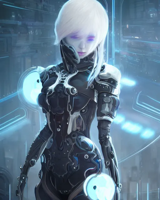 Image similar to holy cyborg necromancer girl, elegant, perfect face, scifi, futuristic, utopia, garden, illustration, atmosphere, warframe, blue eyes, white hair, blade runner, artstation, nier automata, highly detailed, art by yuhong ding and chengwei pan and serafleur and ina wong