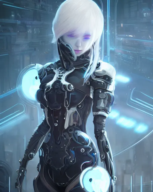 Prompt: holy cyborg necromancer girl, elegant, perfect face, scifi, futuristic, utopia, garden, illustration, atmosphere, warframe, blue eyes, white hair, blade runner, artstation, nier automata, highly detailed, art by yuhong ding and chengwei pan and serafleur and ina wong