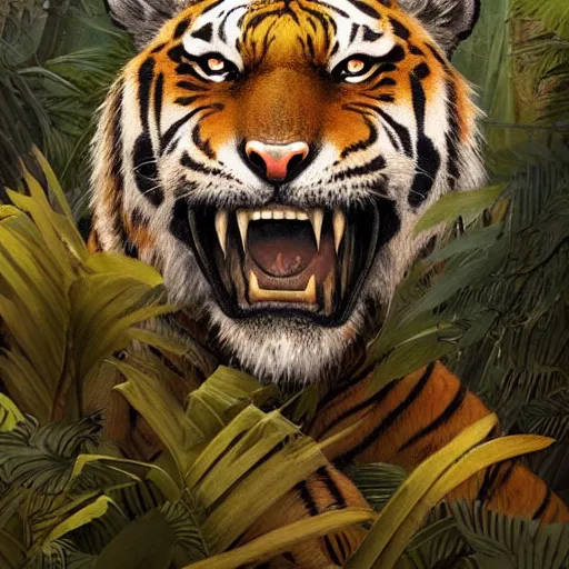 Image similar to a very high detailed tiger face on a standing muscular human body, wearing a very detailed golden kings crown, tattoo on shoulder, standing in a highly detailed jungle, digital art, concept art, greg rutkowski, Nikolai Karelin, Hou China, trending artstation