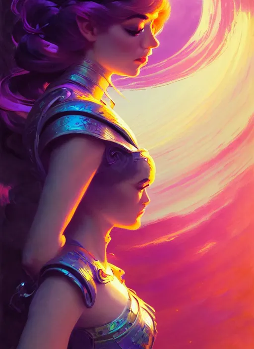 Image similar to side portrait, imogen poots, paladin, fantasy, gloomhaven, luminescent, colorful swirly ripples, gaudy colors, by greg manchess, huang guangjian, gil elvgren, sachin teng, greg rutkowski, jesper ejsing, ilya kuvshinov