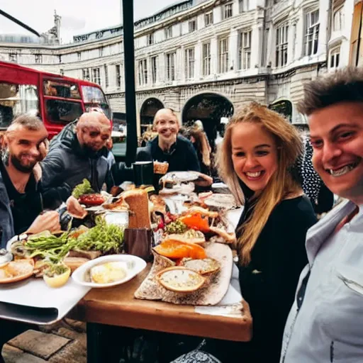 Prompt: Happy people in London eating good food