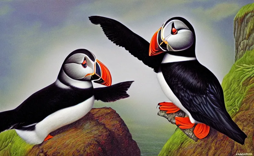 Image similar to a Photorealistic dramatic hyperrealistic puffin bird by Alex Grey