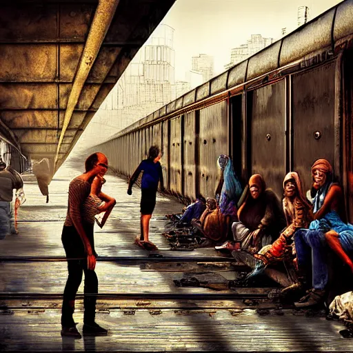 Prompt: poor people life under railway bridge, digital art, digital painting, award winning, hyper realistic, realistic human, hyper details, style by steve mccury and annie leibovitz and chindy sherman