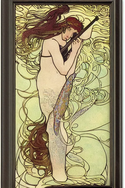 Image similar to illustration of a mermaid playing an electric guitar, Art Nouveau by Mucha