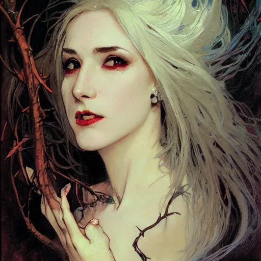 Prompt: portrait of a menacing beautiful vampire, head only, headshot, by Stanley Artgerm Lau , greg rutkowski, thomas kindkade, alphonse mucha, loish, norman rockwell, J. C. Leyendecker. hair waving in the wind, pale skin, sinister complexion, thorn crown, image bordered by thorns, thorn background. D&D, fantasy. Trending on artstation rule of thirds extremely detailed illustration hd 4k