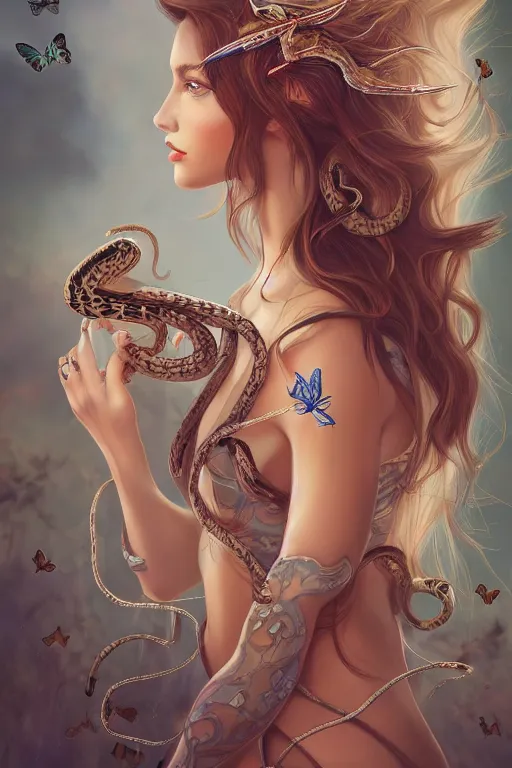 Prompt: beautiful maiden with butterfly hair and snakes, intricate, elegant, highly detailed, digital painting, artstation, concept art, smooth, sharp focus, illustration, art by speeh