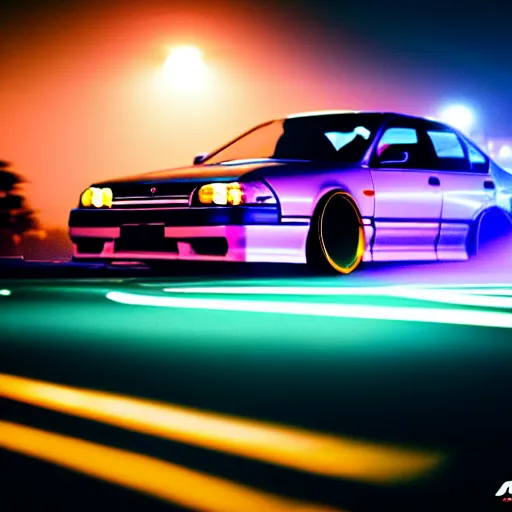 Image similar to a car JZX100 at illegal car meet, Saitama prefecture, city sunset mist neon lights, cinematic color, photorealistic, highly detailed, 200MM