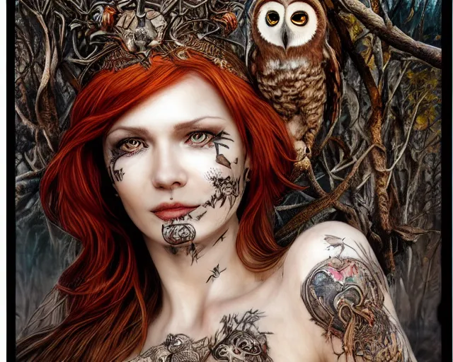 Image similar to 5 5 mm portrait photo of an armored gorgeous anesthetic redhead woman warrior with a face tattoo and horns growing from her head, and owl sitting on her shoulder in a magical forest in the style of stefan kostic, art by luis royo. highly detailed 8 k. intricate. lifelike. soft light. nikon d 8 5 0. cinematic post - processing