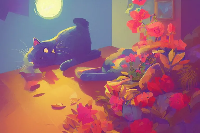 Image similar to a digital art of a cat sleeping in the room with flowers around in the afternoon, the sun shines in, animal, light effect, highly detailed, by anton fadeev