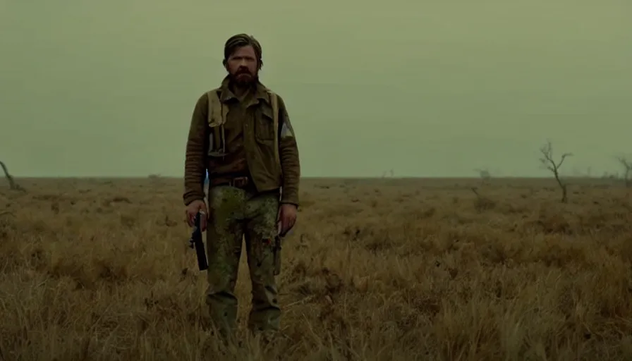 Image similar to lone survivor man holding a radio!! in post - apocalyptic nature landscape. movie screenshot. lush composition by wes anderson, shallow depth of field, cinematic. cinematic composition