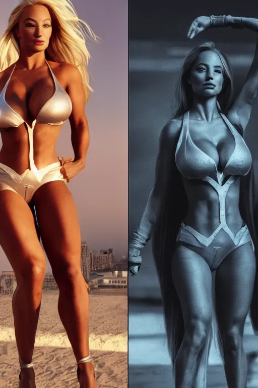 Image similar to VFX movie still frame portrait beautiful DC vs. Marvel hero Lindsey pelas natural skin, hero pose, natural evening light in the city by Emmanuel Lubezki