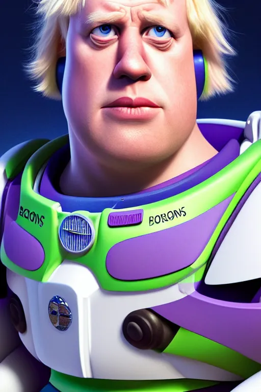 Image similar to Boris Johnson as Buzz Lightyear from Toy Story, realistic portrait, symmetrical, highly detailed, digital painting, artstation, concept art, smooth, sharp focus, illustration, cinematic lighting, art by artgerm and greg rutkowski and alphonse mucha