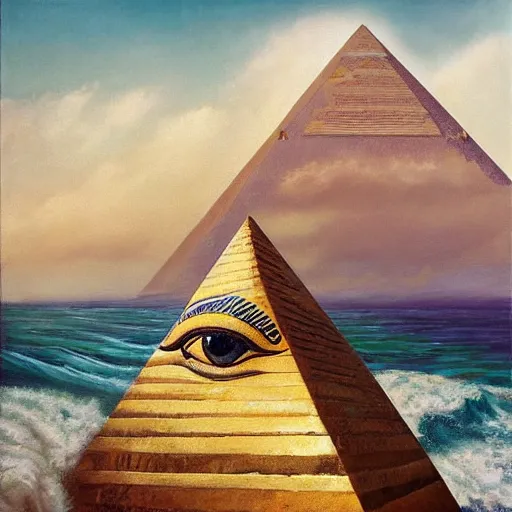 Image similar to hyper realistic detailed painting of tutankhamun surfing a big wave in the ocean next to a sunny beach with a pyramid with the all seeing eye by Andrei Tarkovsky, Adrian ghenie, Storm, Thorgerson, pastel colors, cinematic. Bekinski painting, masterpiece