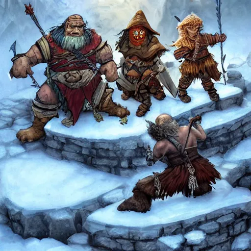 Image similar to an orc barbarian, gnome druid, halfling sorcerer, tabaxi monk, and warforged swashbuckler rogue fighting an adult white dragon on top of an ancient, ice covered fortress at the peak of a mountain, epic fantasy art wide angle, tony diterlizzi, lisa parker, selina fenech