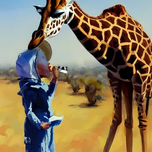 Image similar to a giraffe dressed like an astronaut drinking tea with queen isabel, trending on artstation, art by greg manchess, guangjian, detailed digital art, artstation hd