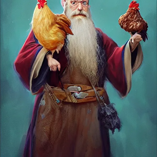 Image similar to a portrait of a wizard with his pet chicken by Johan Grenier, blue robe, long beard, ArtStation, realistic, detailed