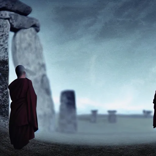 Image similar to highly detailed landscape with two monks praying with stonehenge in the background 1 9 8 0 s science fiction, 1 9 7 0 s science fiction, cyberpunk, moody, misty, depth perception, 4 k, artstation