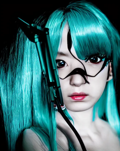 Prompt: official photo portrait of mature attractive Hatsune miku closeup tired and angry by Alex Ross giger sorayama frank miller trending on Flickr cinematic backlit smoke noir technoir shot with Leica zeiss