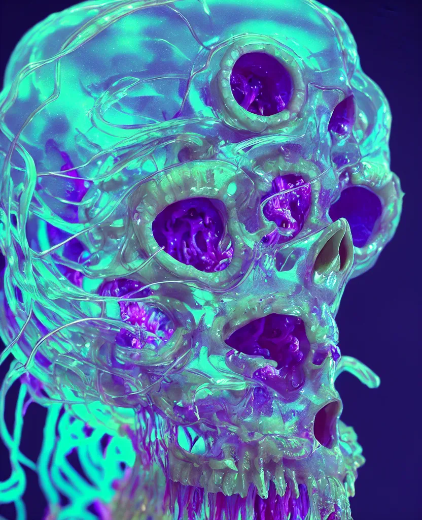 Image similar to close-up portrait of skull dichroic orchid jellyfish skull, betta fish, bioluminiscent creatures, intricate artwork by Tooth Wu and wlop and beeple. octane render, trending on artstation, greg rutkowski very coherent symmetrical artwork. cinematic, hyper realism, high detail, octane render, 8k