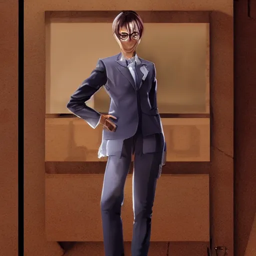 Image similar to woman in business suit, brown neat hair, pixiv, fanbox, trending on artstation, digital art, portrait, modern, sleek, highly detailed, formal, serious, determined, competent, colorized, smooth, charming, pretty, safe for work, law office