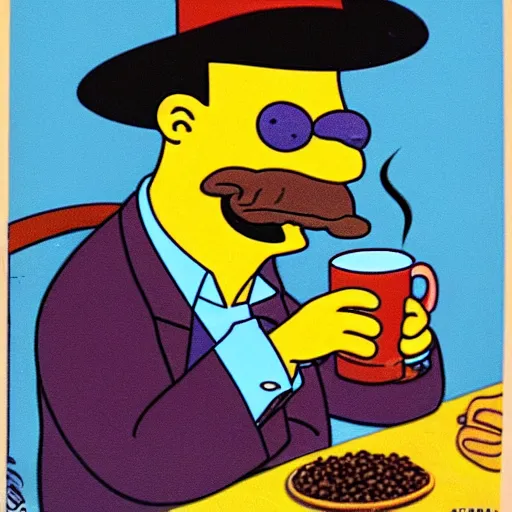 Image similar to cup of coffee with eyes nose and mouth smoking cigar simpsons style